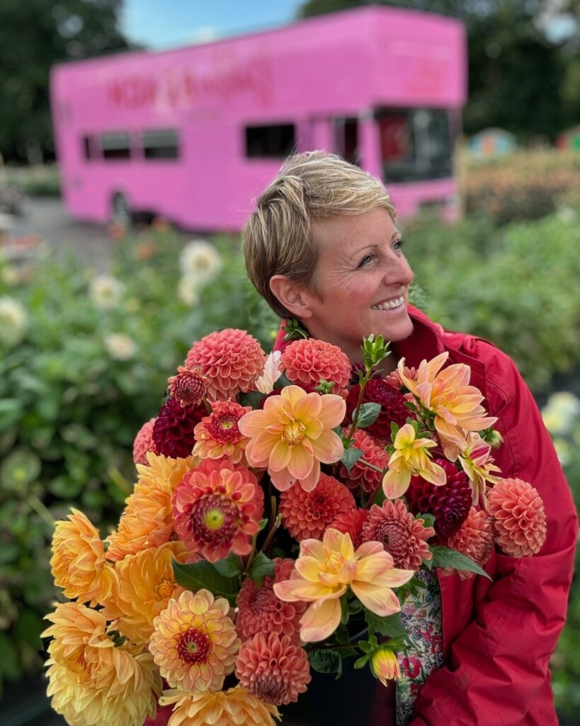 Lady holding a bunch of dahlia flowers in a field of flowers with a pink double decker bus in the background